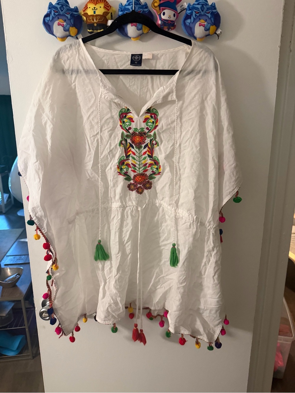 Women's White Embroidered Boho Tunic with Colorful Tassels